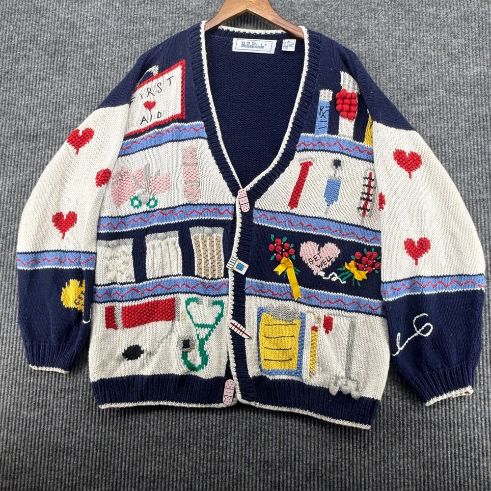 Rare Vintage BellePointe Cardigan Sweater Womens XL Medical Nurse Novelty Knit